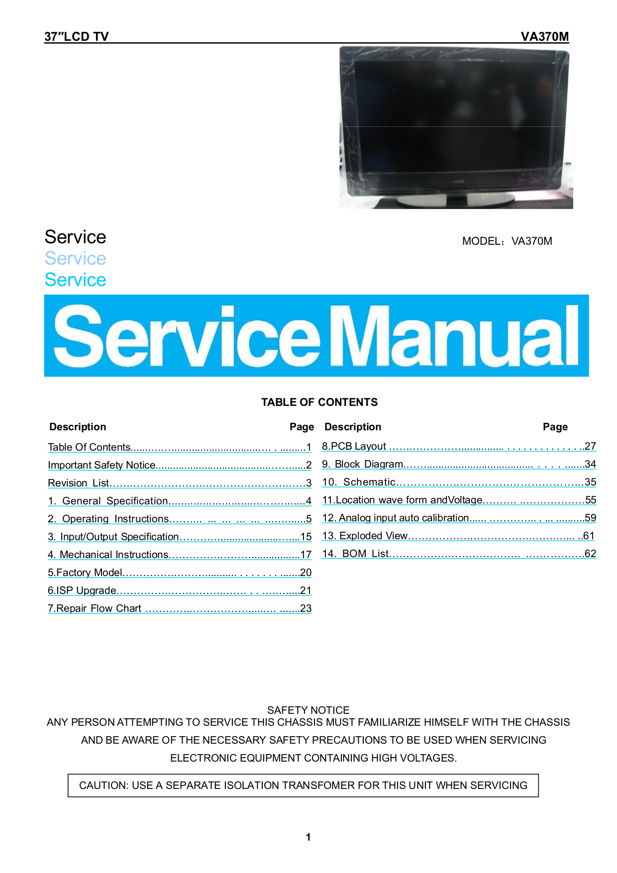 pdf for Vizio TV VA370M manual