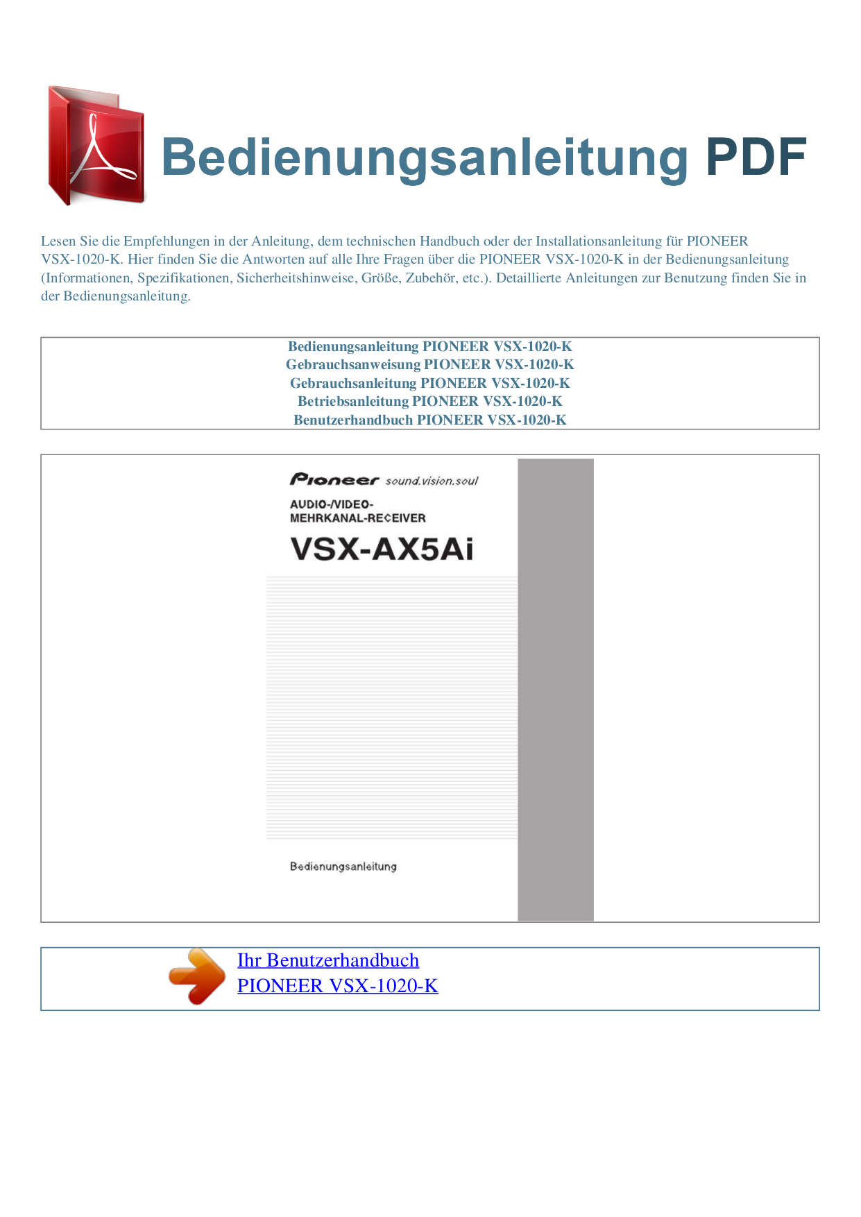 pdf for Pioneer Receiver VSX-1020-K manual