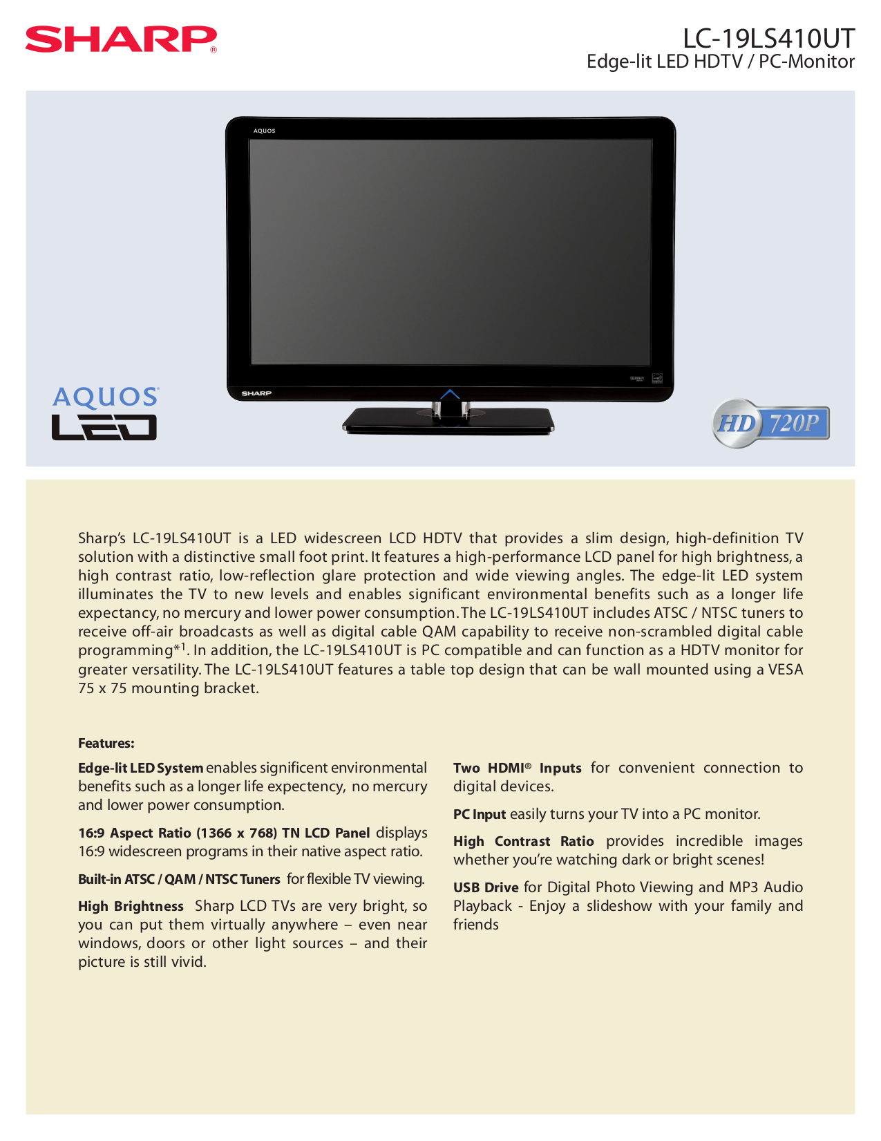 pdf for Sharp TV AQUOS LC-19LS410UT manual