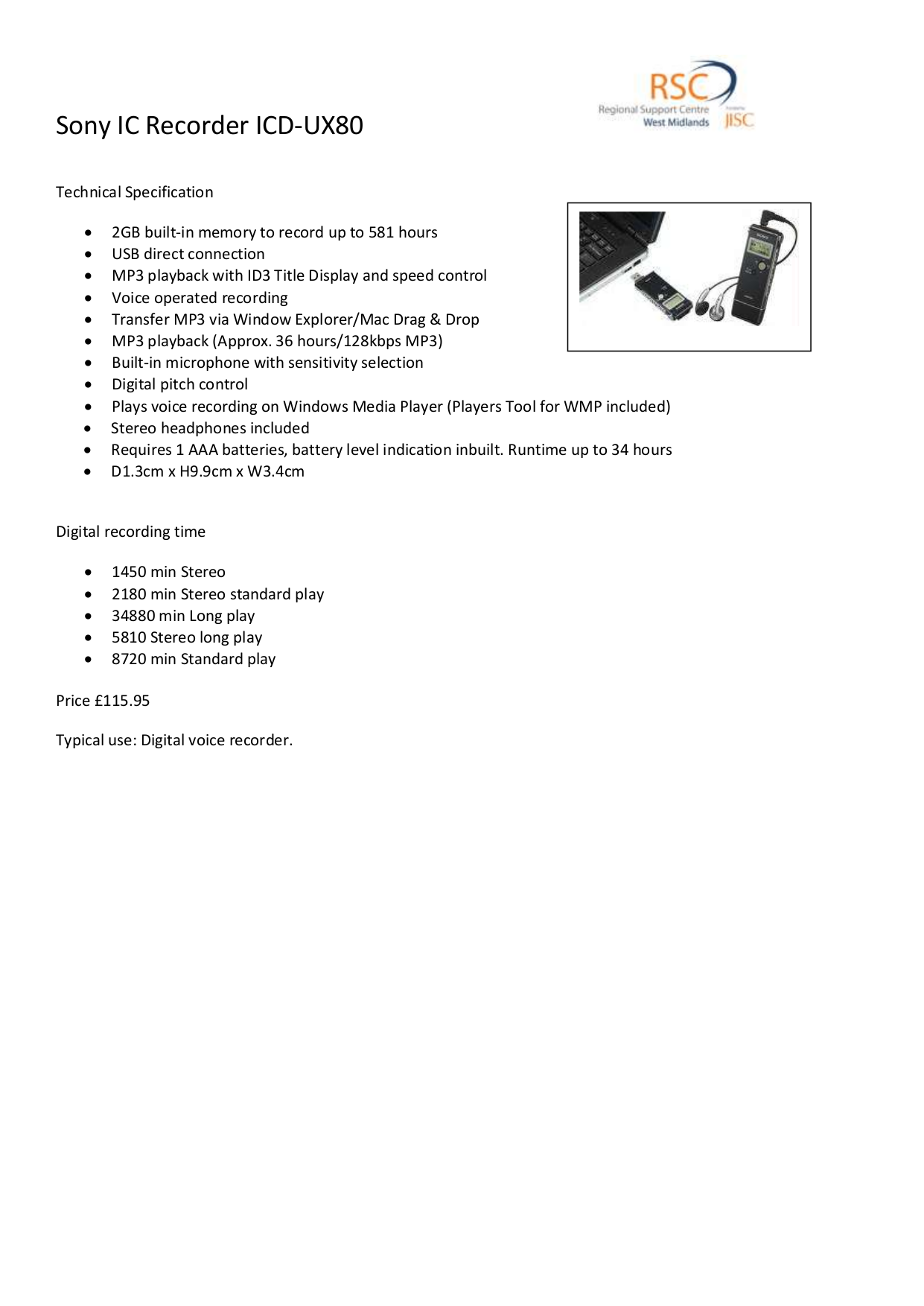 pdf for Sony Voice Recorder ICD-UX80 manual