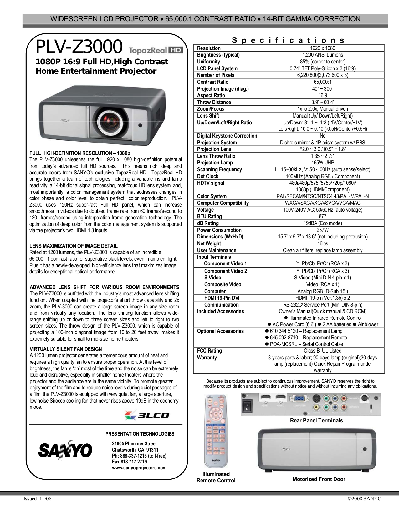 Owner's manual. Sanyo plv-z3000 ...