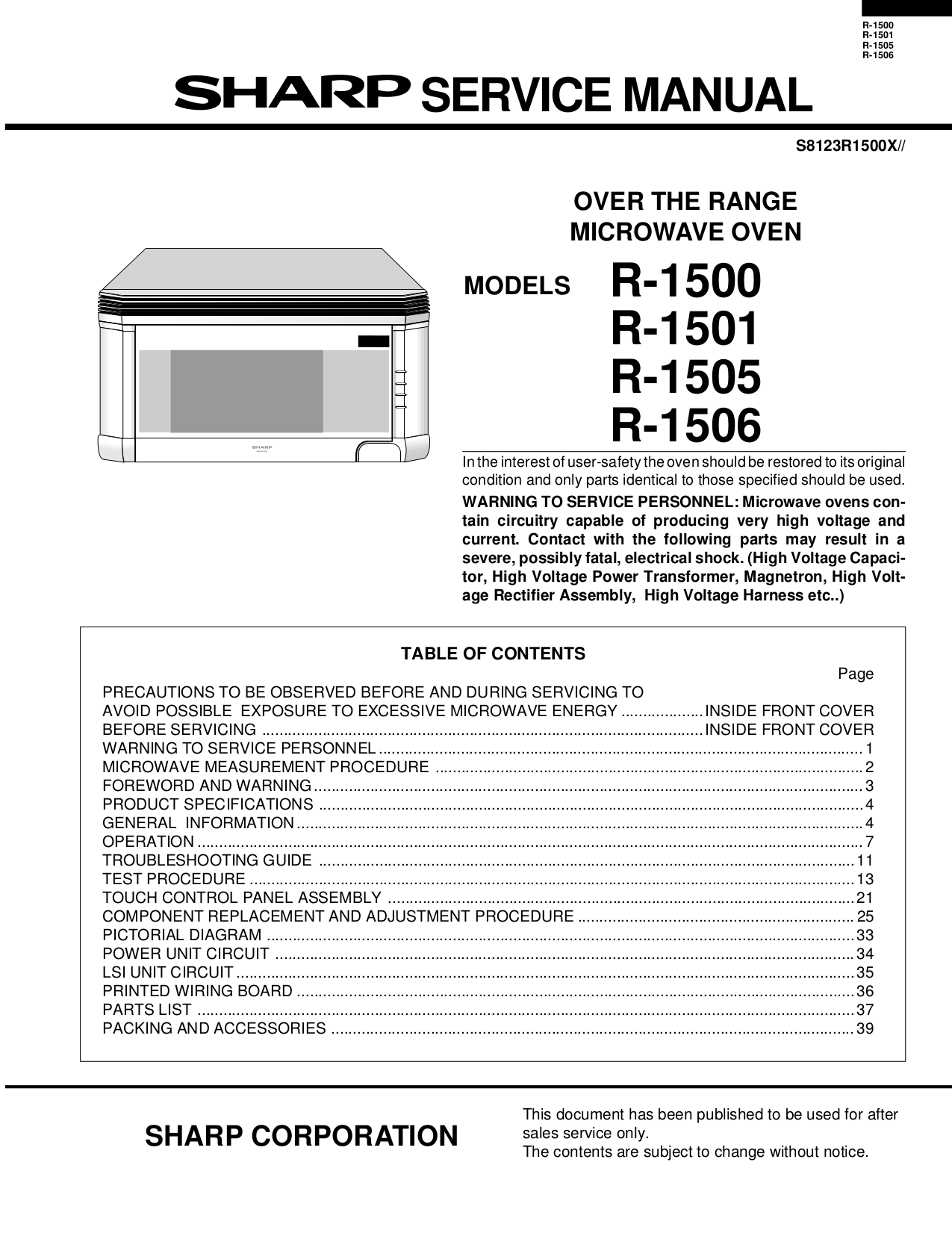 Download free pdf for Sharp R1505 Microwave manual