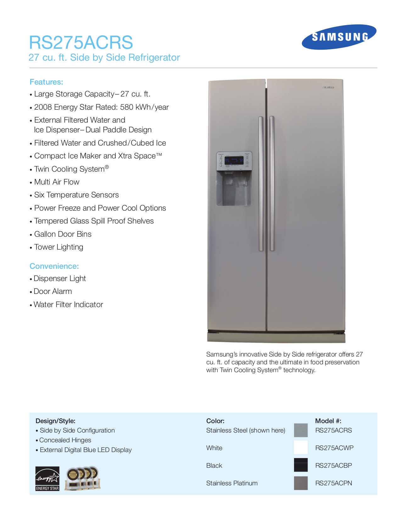 download free pdf for samsung rs275acpn refrigerator manual.