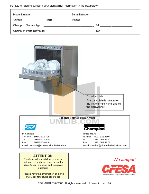 PDF manual for Champion Dishwasher Model I 66