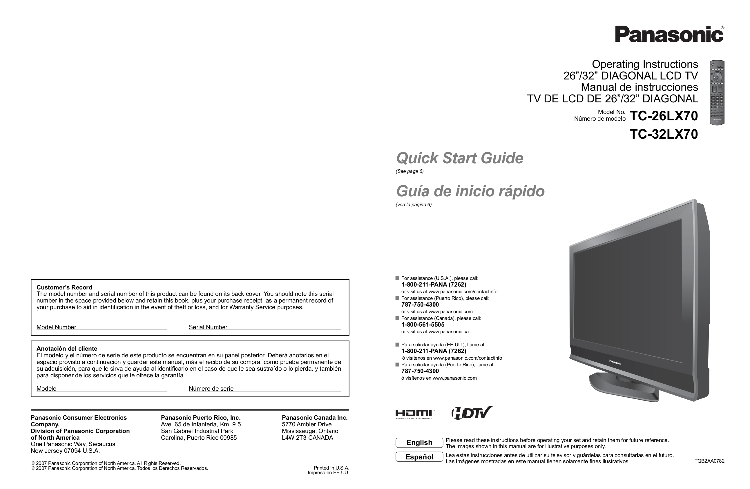pdf for Panasonic TV Viera TC-26LX70 manual
