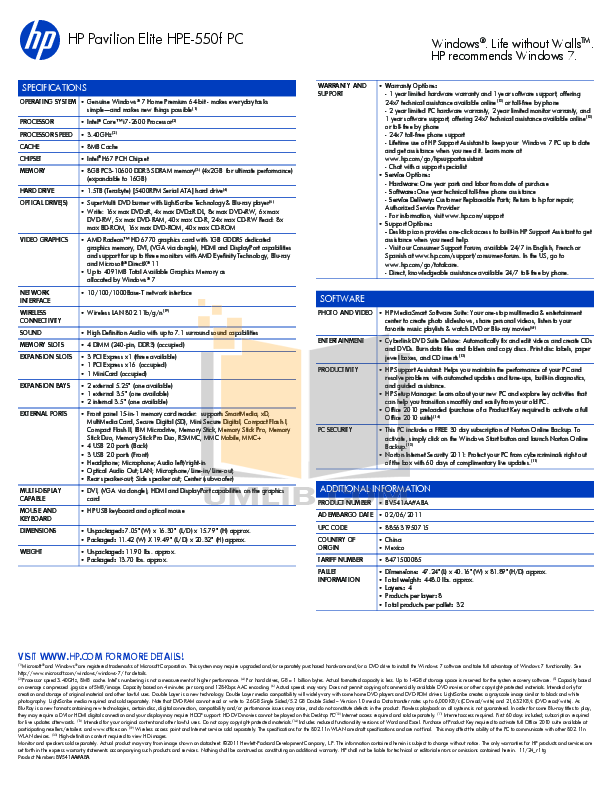 PDF manual for HP Desktop Pavilion Elite HPE-550