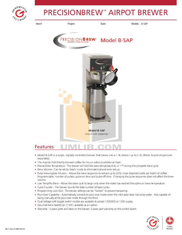 Download free pdf for Grindmaster B-SAP Coffee Maker manual