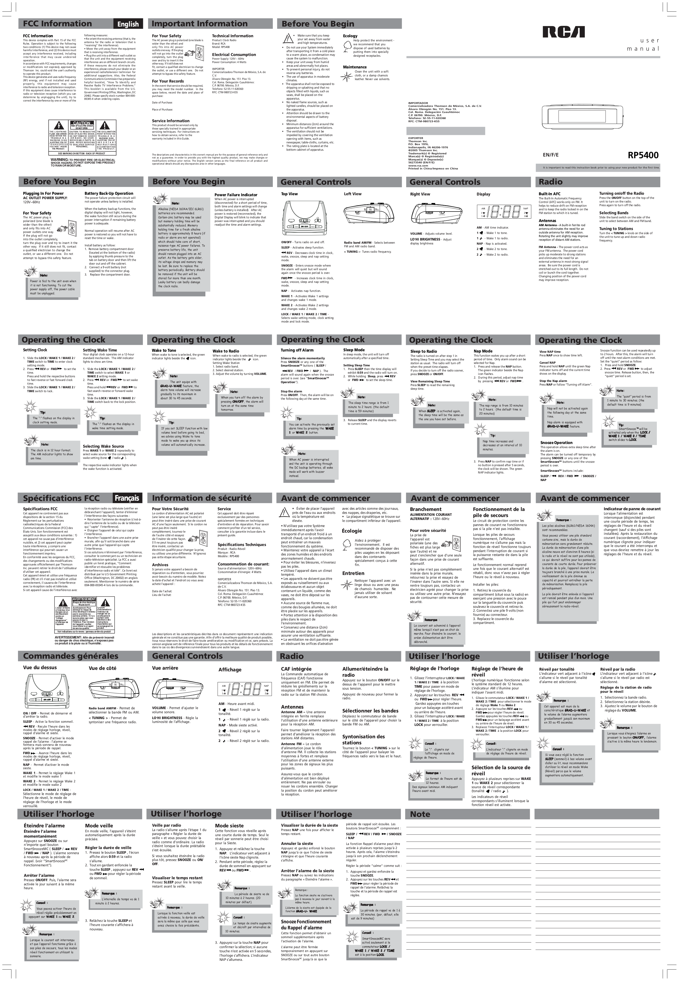 Download free pdf for RCA RP5400 Clock Radio manual