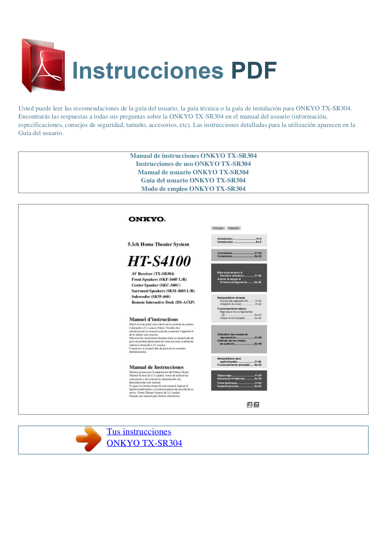 pdf for Onkyo Receiver TX-SR304 manual