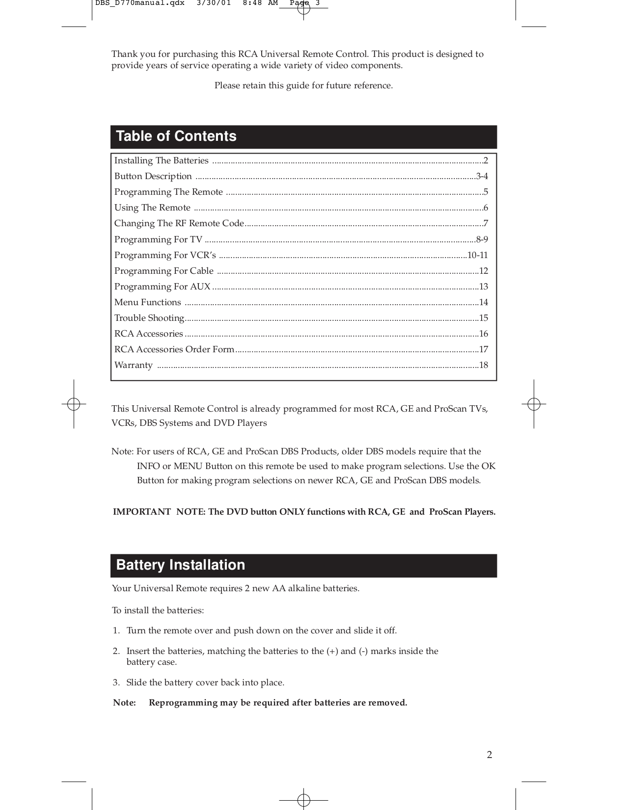 ... RCA Remote Control D770 pdf page preview ...