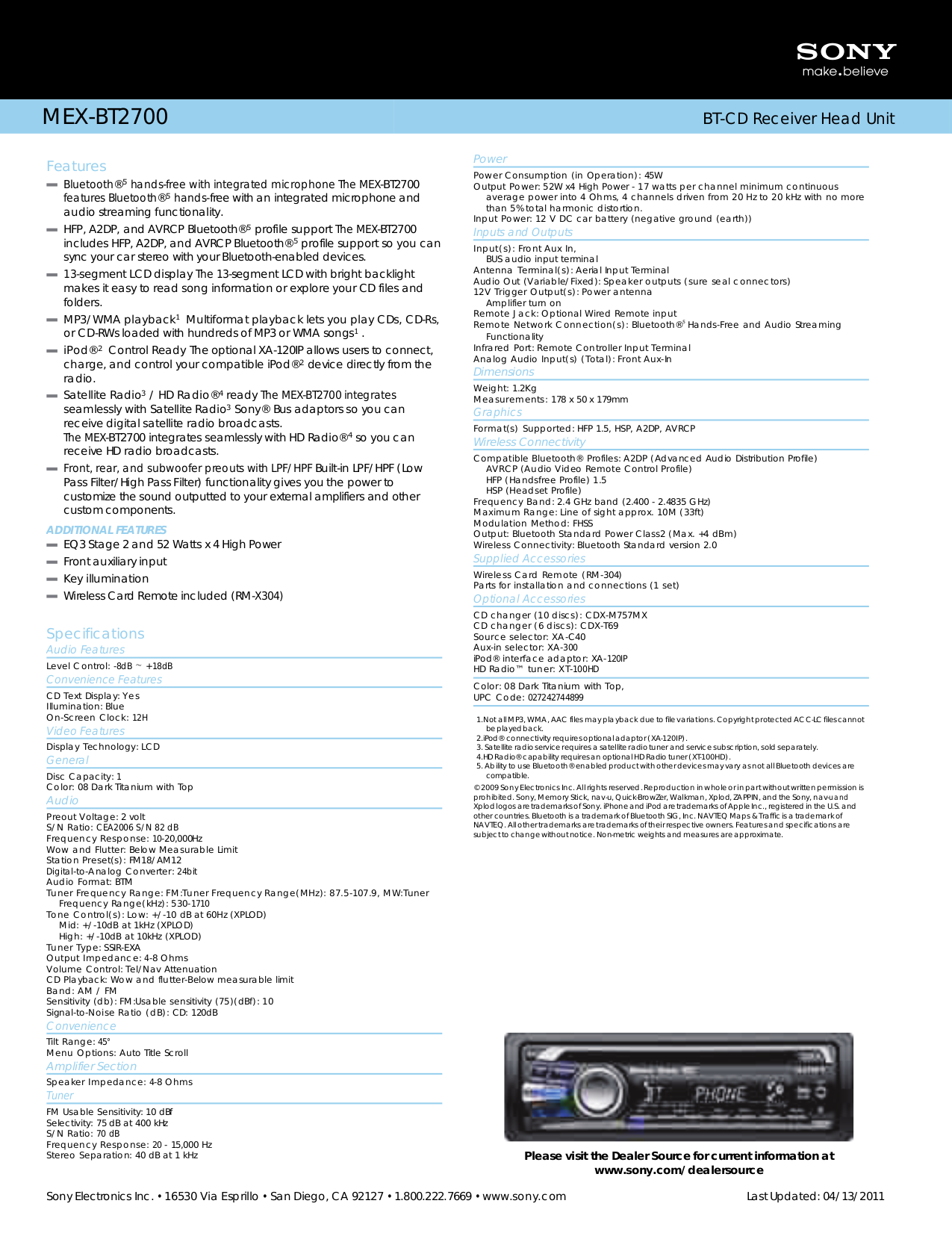 ... Sony Car Receiver Xplod MEX-BT2700 pdf page preview