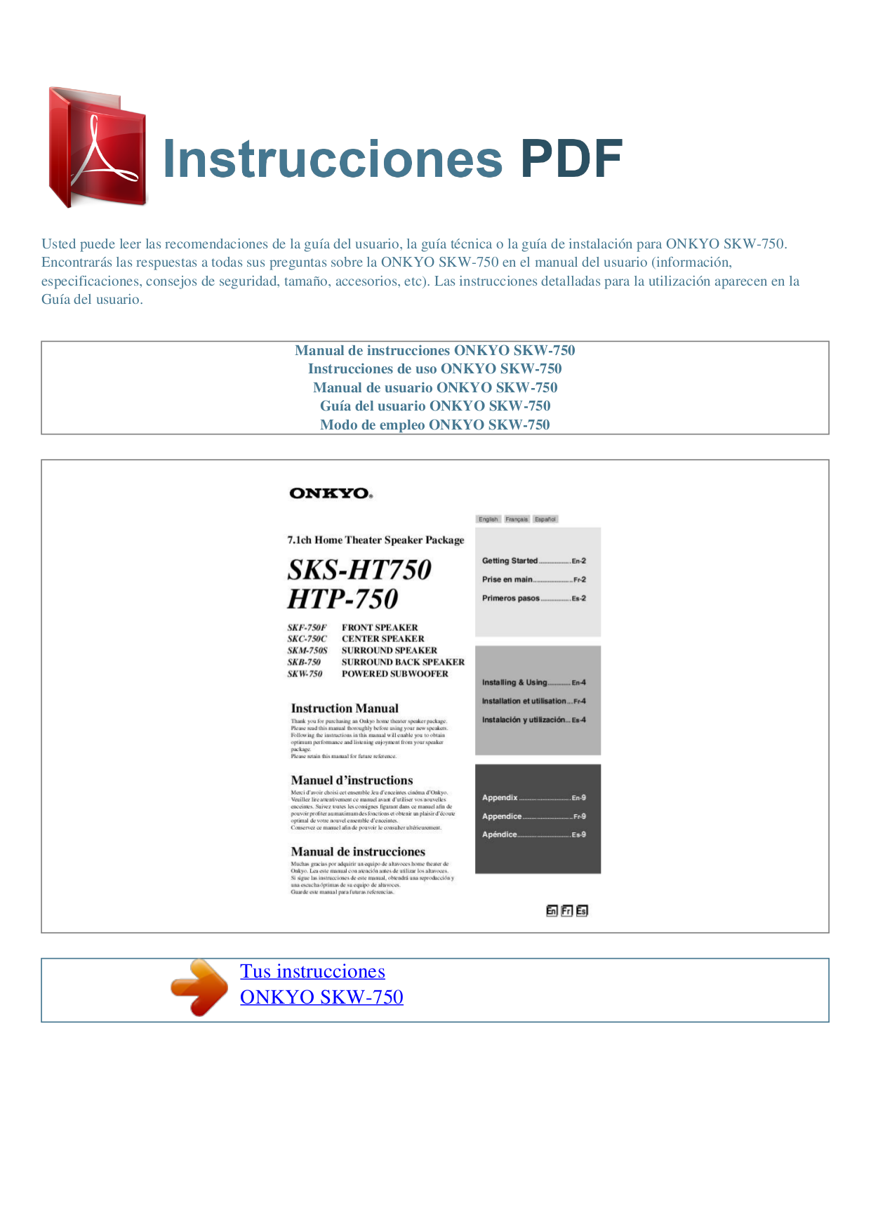 pdf for Onkyo Subwoofer SKW-750 manual