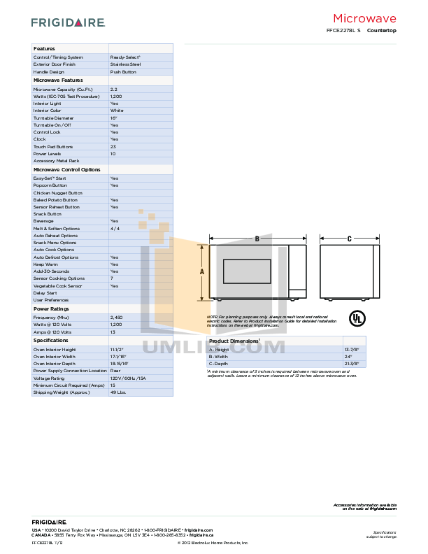 PDF manual for Frigidaire Microwave FFCE2278LS