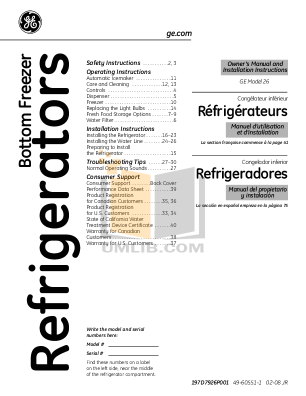 Download free pdf for GE GFSS6KKYSS Refrigerator manual
