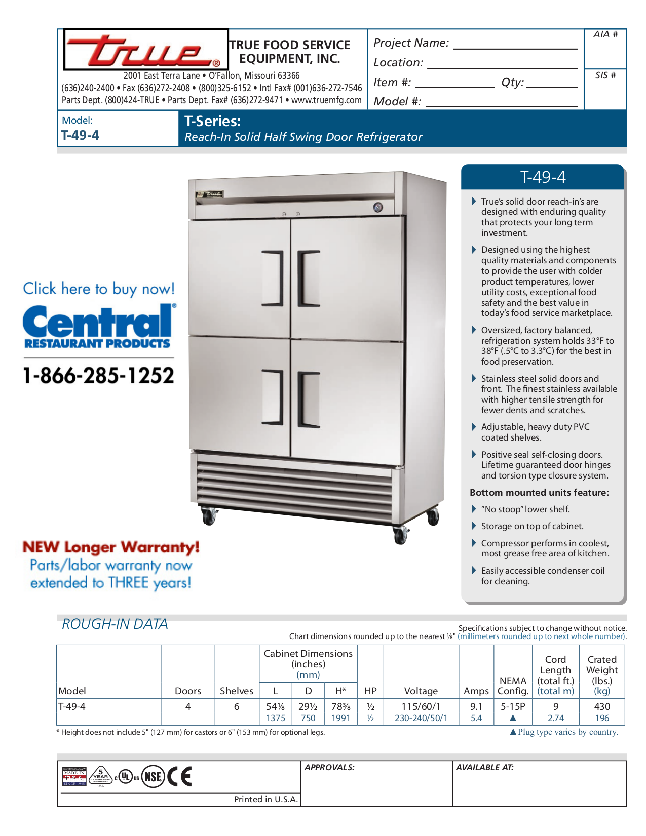 pdf for True Refrigerator T-49-4 manual