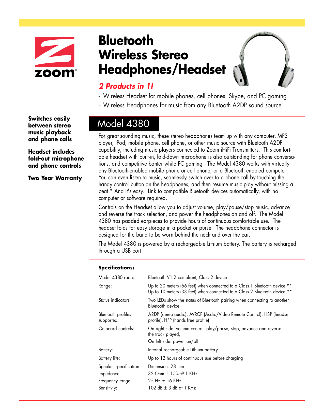 Download free pdf for Zoom 4380 Headphone manual