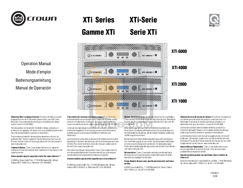 Download free pdf for Crown XTi 1000 Amp manual