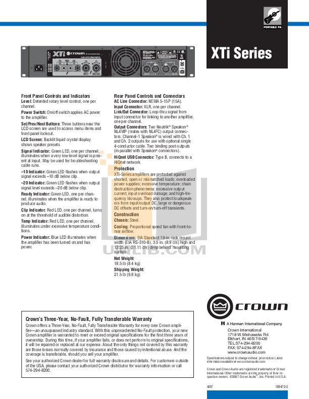 PDF manual for Crown Amp XTi 1000