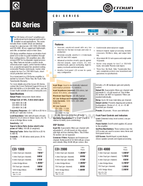 PDF manual for Crown Amp XTi 1000