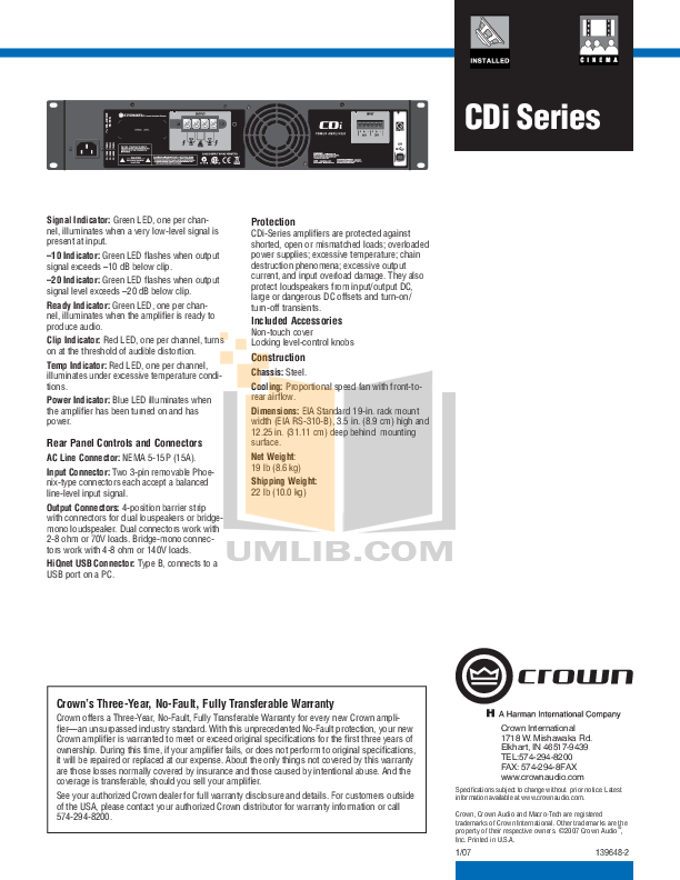 PDF manual for Crown Amp XTi 1000