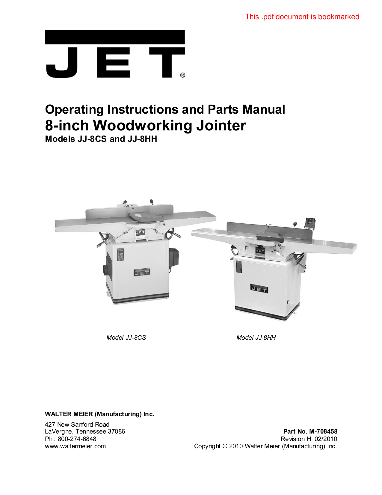 Download free pdf for Jet JJ8CS Jointers Other manual