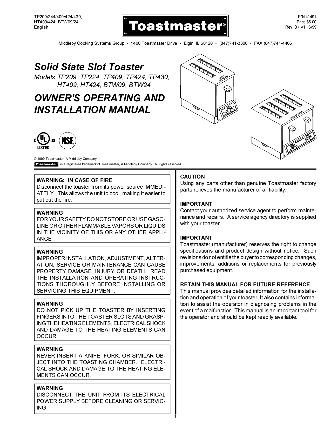 Download free pdf for Toastmaster TP424 Toaster Other manual