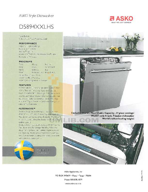Download free pdf for Asko D5894XXLHS Dishwasher manual