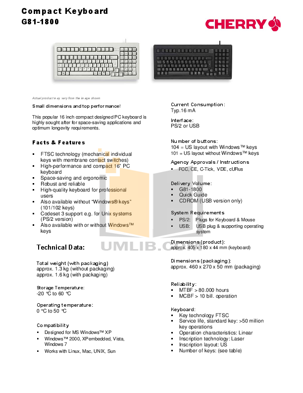 PDF manual for Cherry Keyboard G81-1800LPAUS-2