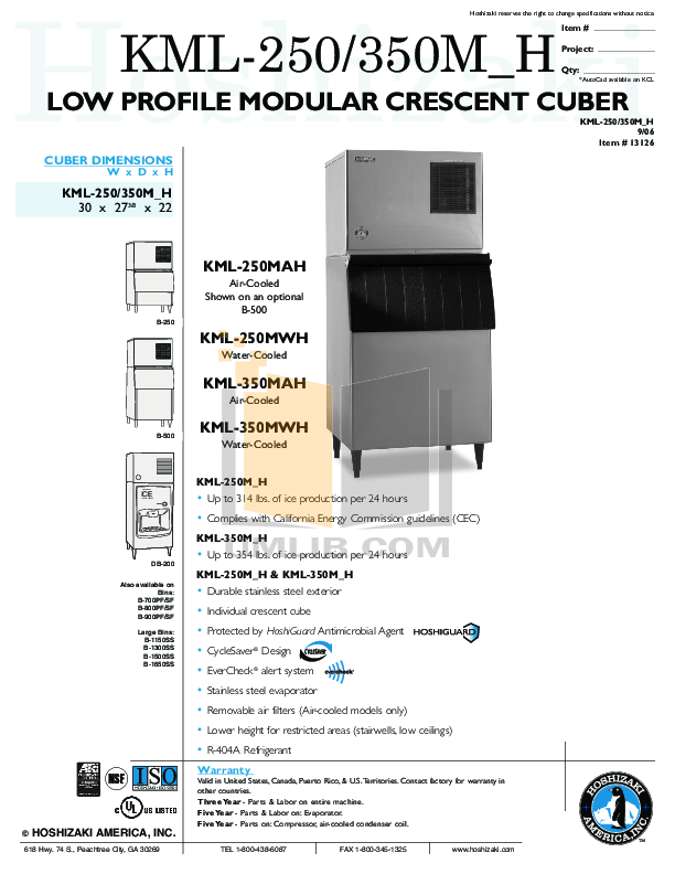 Download free pdf for Hoshizaki KML350MAH Cuber Machines Other manual
