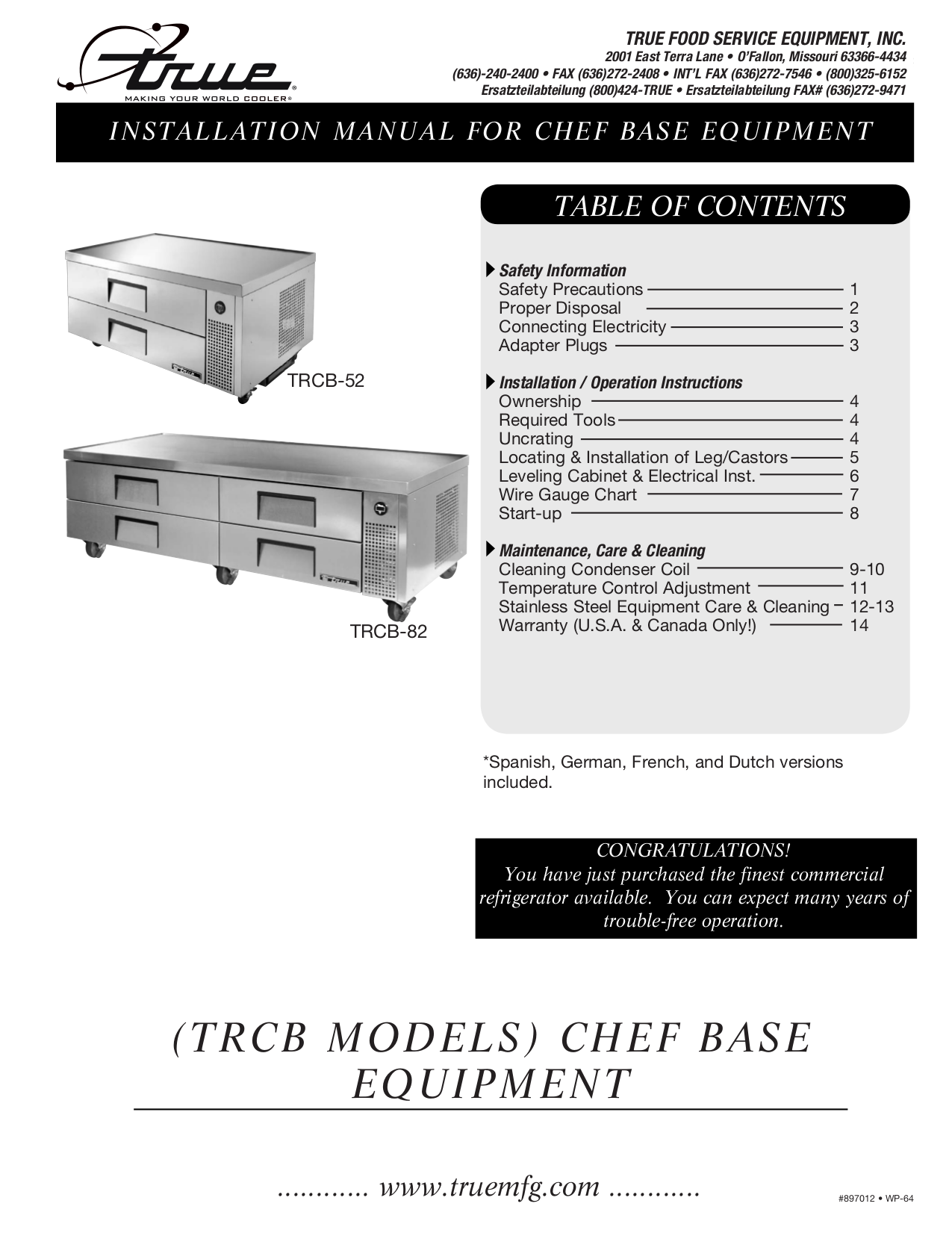 pdf for True Refrigerator TRCB-52 manual