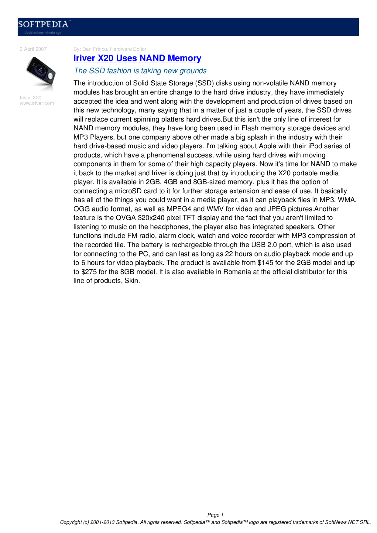 Download free pdf for iRiver X20 2GB MP3 Player manual