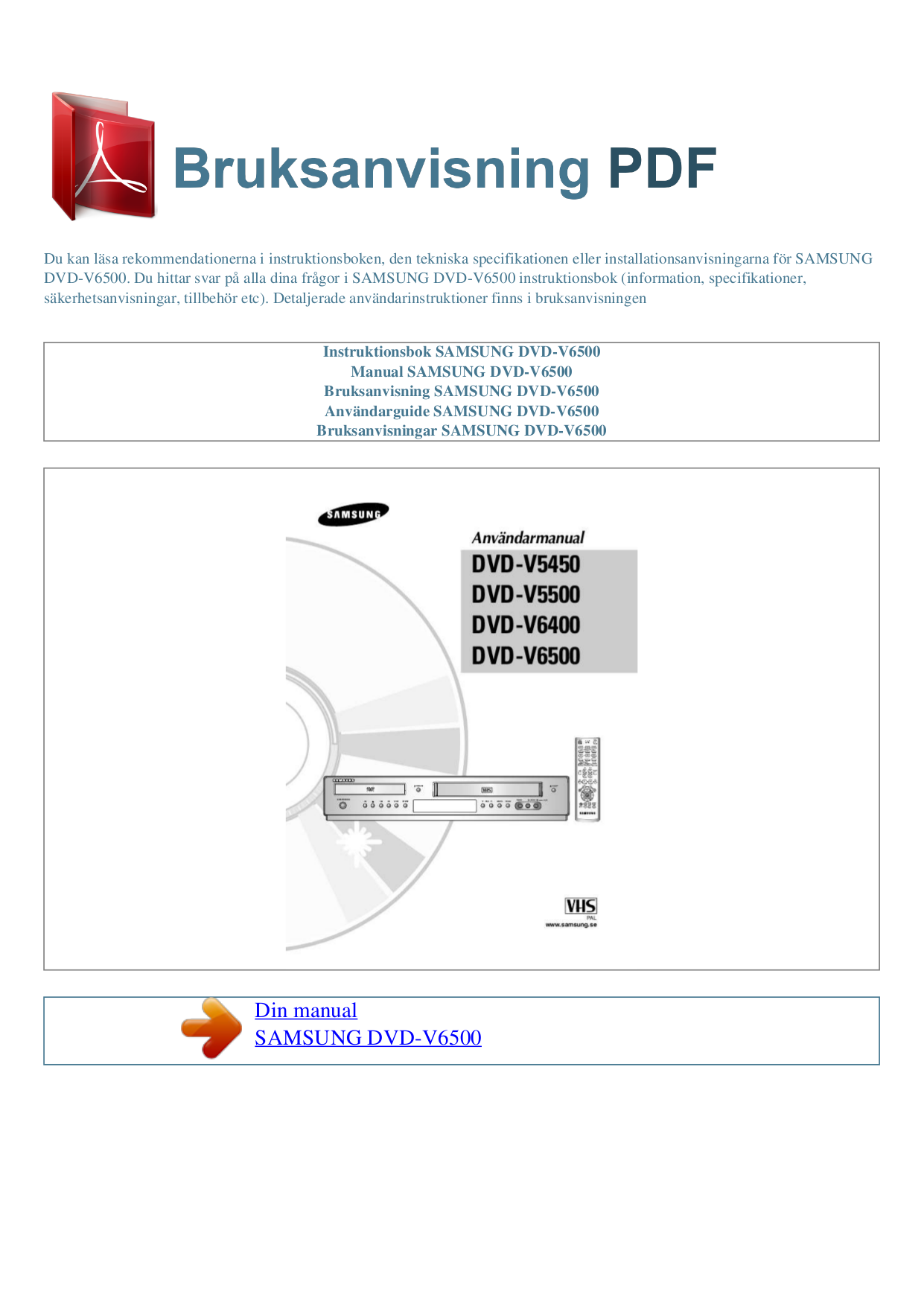 PDF manual for Samsung DVD Players DVDV6500