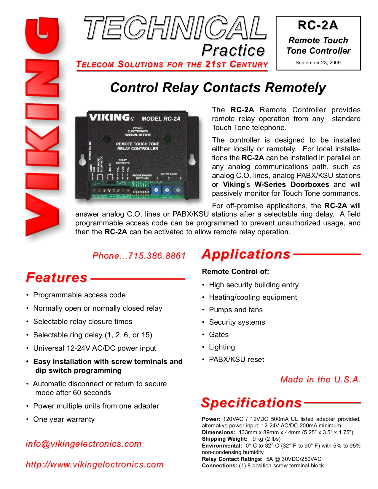 thumbnail image 2 of Viking RC-3 3 Relay Remote Touch Tone Controller 2 of 9