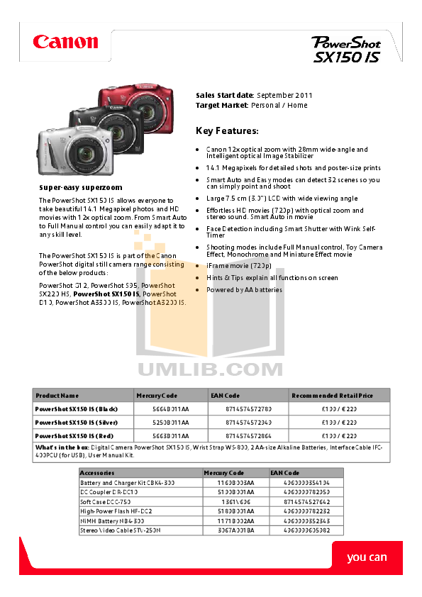 PDF manual for Canon Digital Camera Powershot SX150 IS