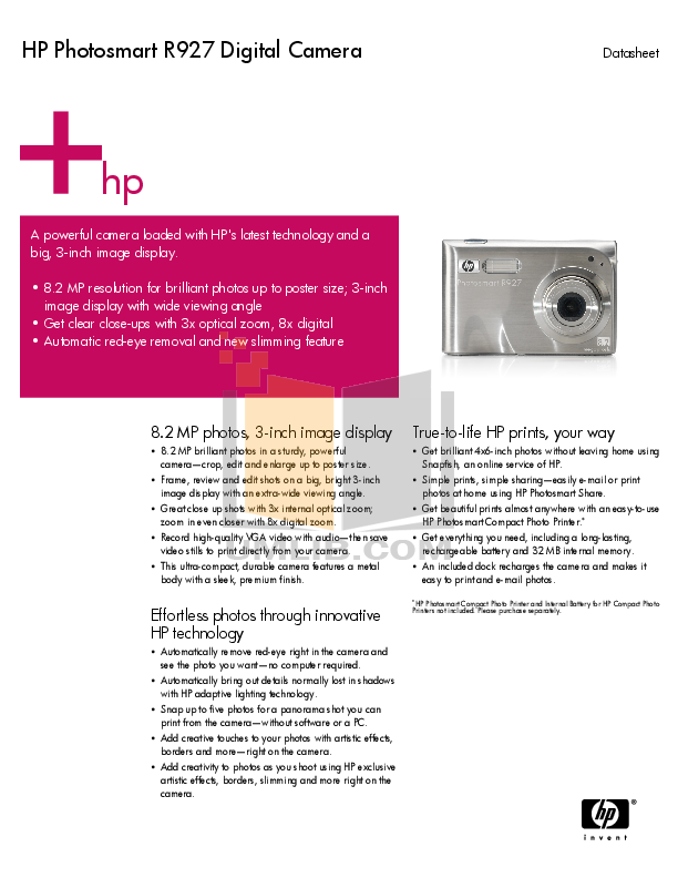 pdf for HP Digital Camera Photosmart R927 manual