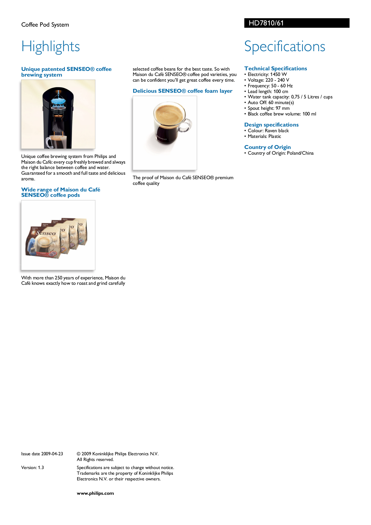 PDF manual for Philips Coffee Maker Senseo HD7810