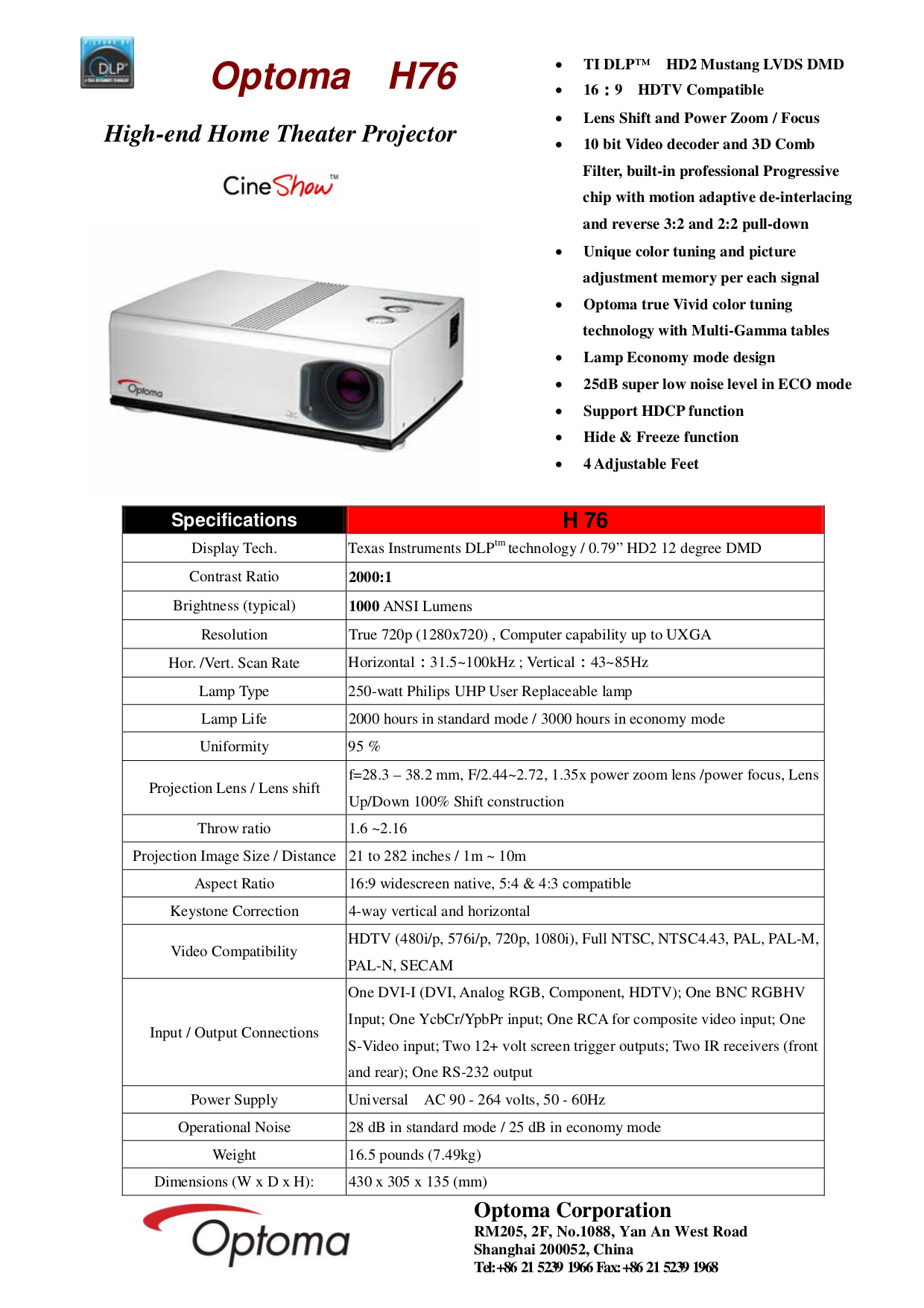 PDF manual for Optoma Projector H76