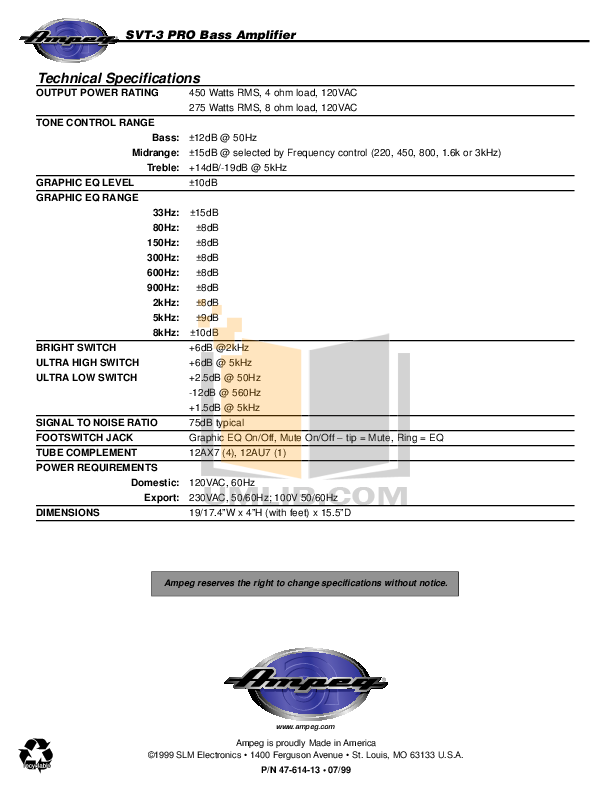 PDF manual for Ampeg Amp SVT-2 PRO