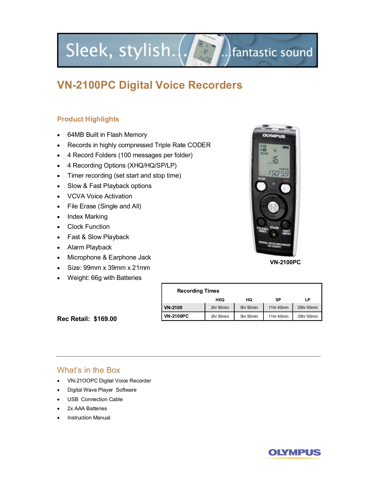 Download free pdf for Olympus VN2100PC Voice Recorder manual