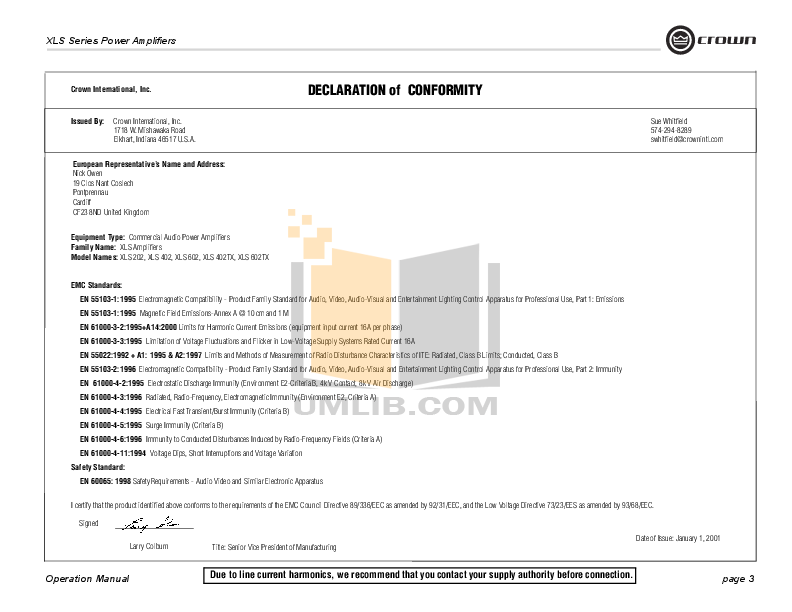 PDF manual for Crown Amp XLS 1000