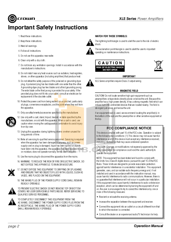 PDF manual for Crown Amp XLS 1000