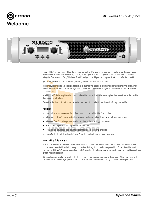 PDF manual for Crown Amp XLS 1000