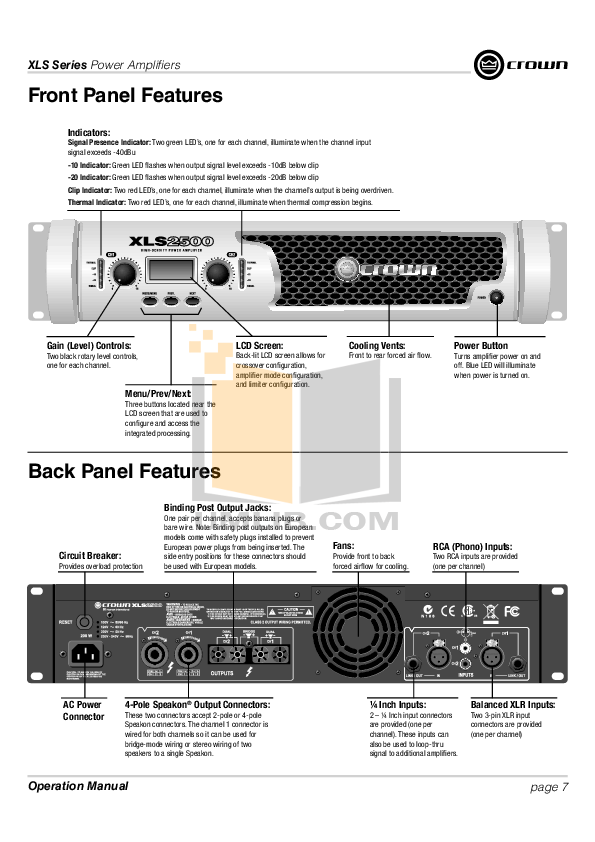 PDF manual for Crown Amp XLS 1000