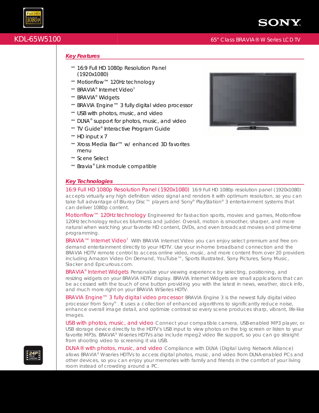 Download free pdf for Sony BRAVIA KDL65W5100 TV manual