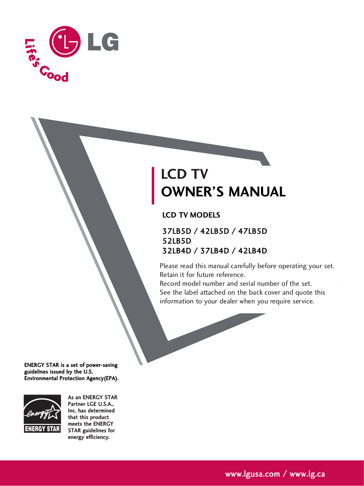 Download free pdf for LG 42SL90 TV manual