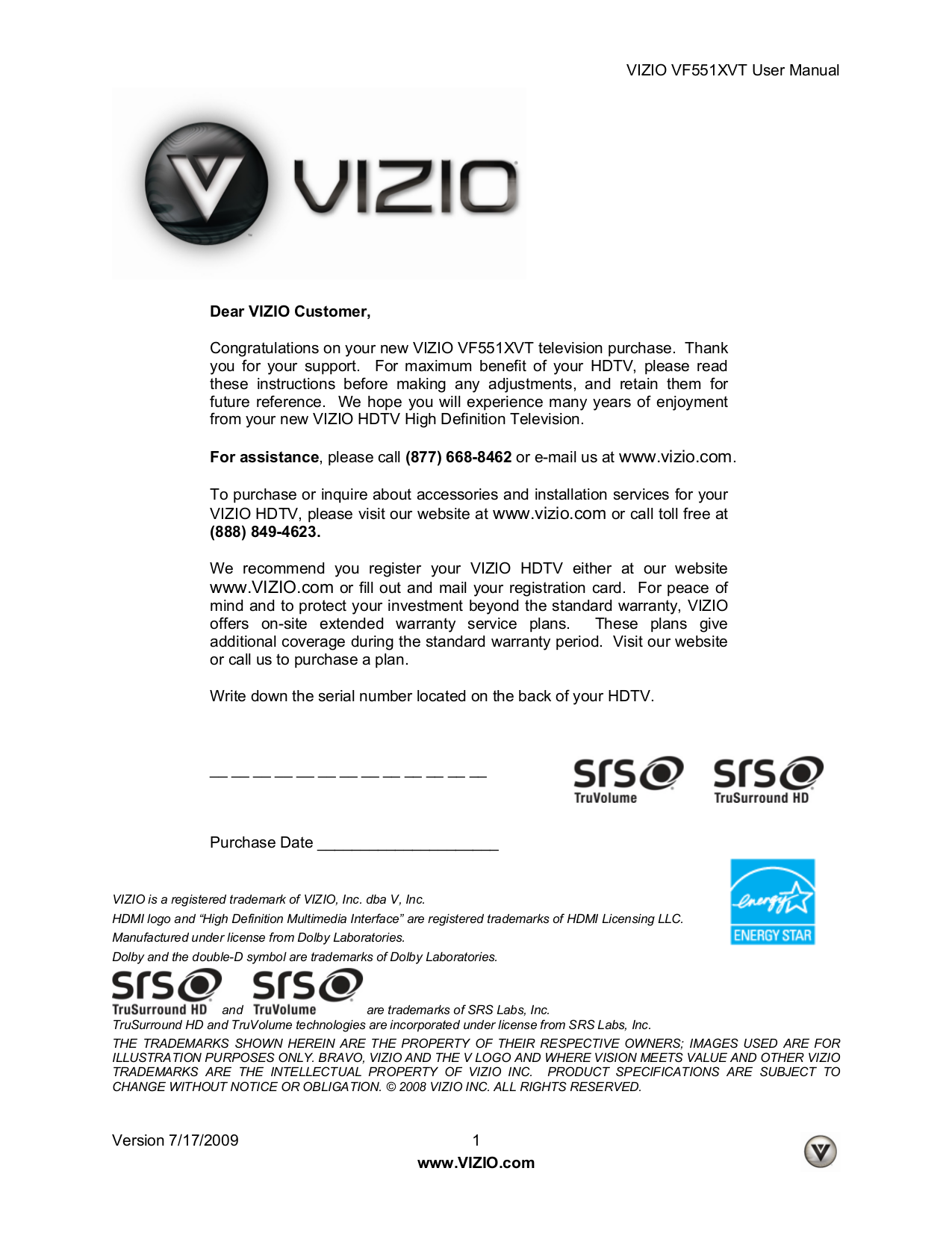 Download free pdf for Vizio VF551XVT TV manual