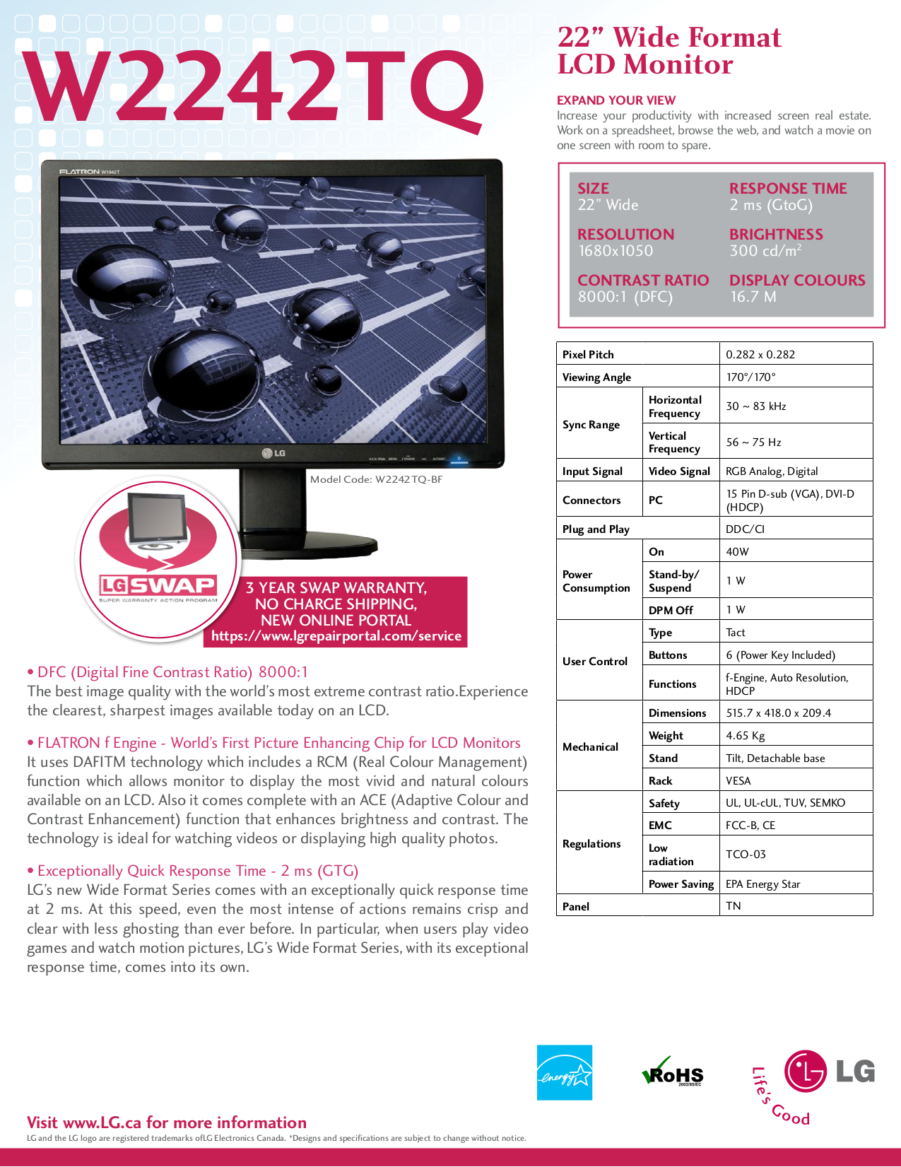 Download free pdf for LG W2242TQ Monitor manual