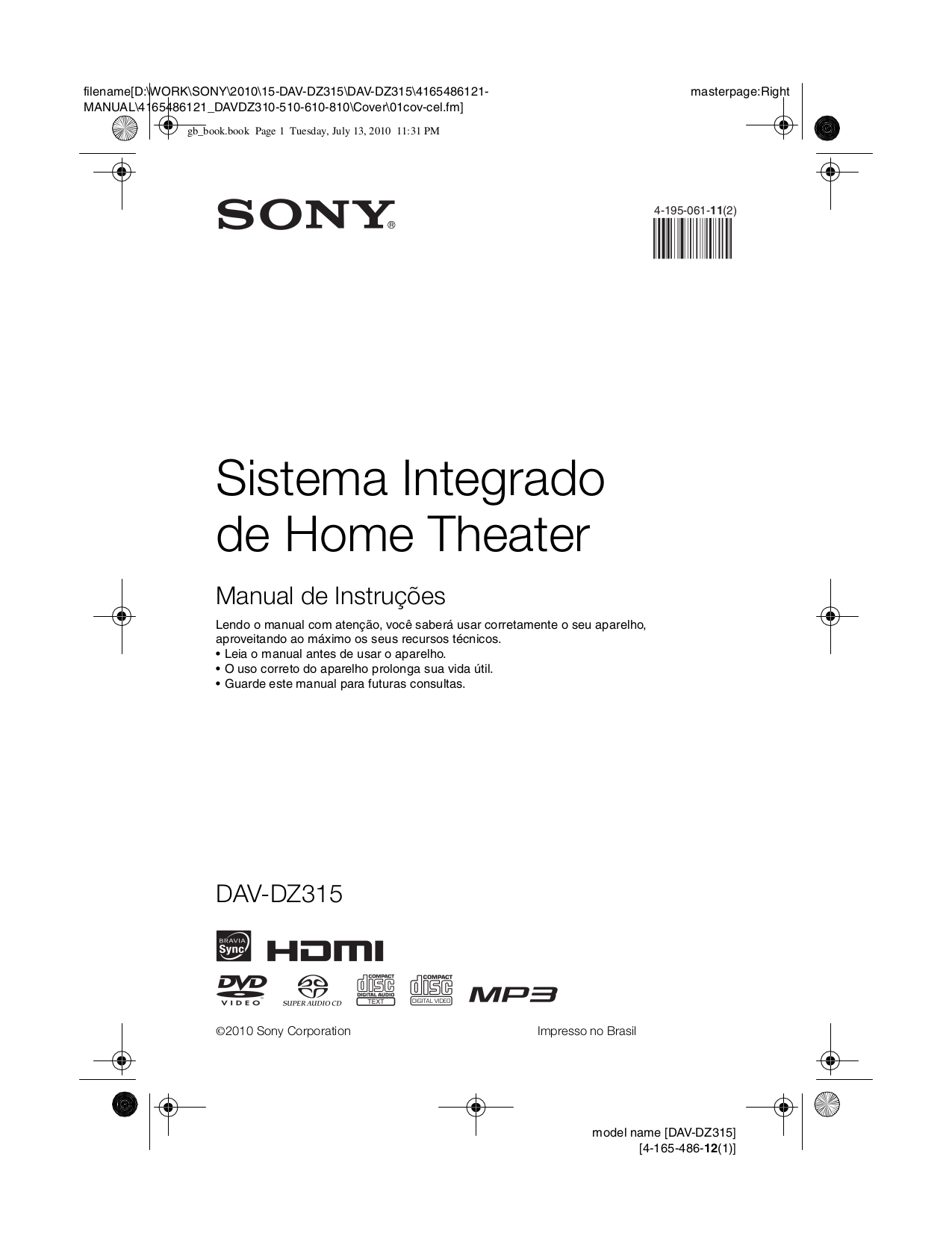 PDF manual for Sony Home Theater BRAVIA DAVDZ175