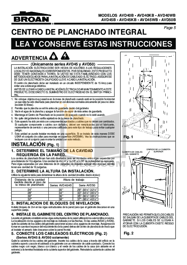 PDF manual for BroanNuTone Other AVD50N Ironing Centers