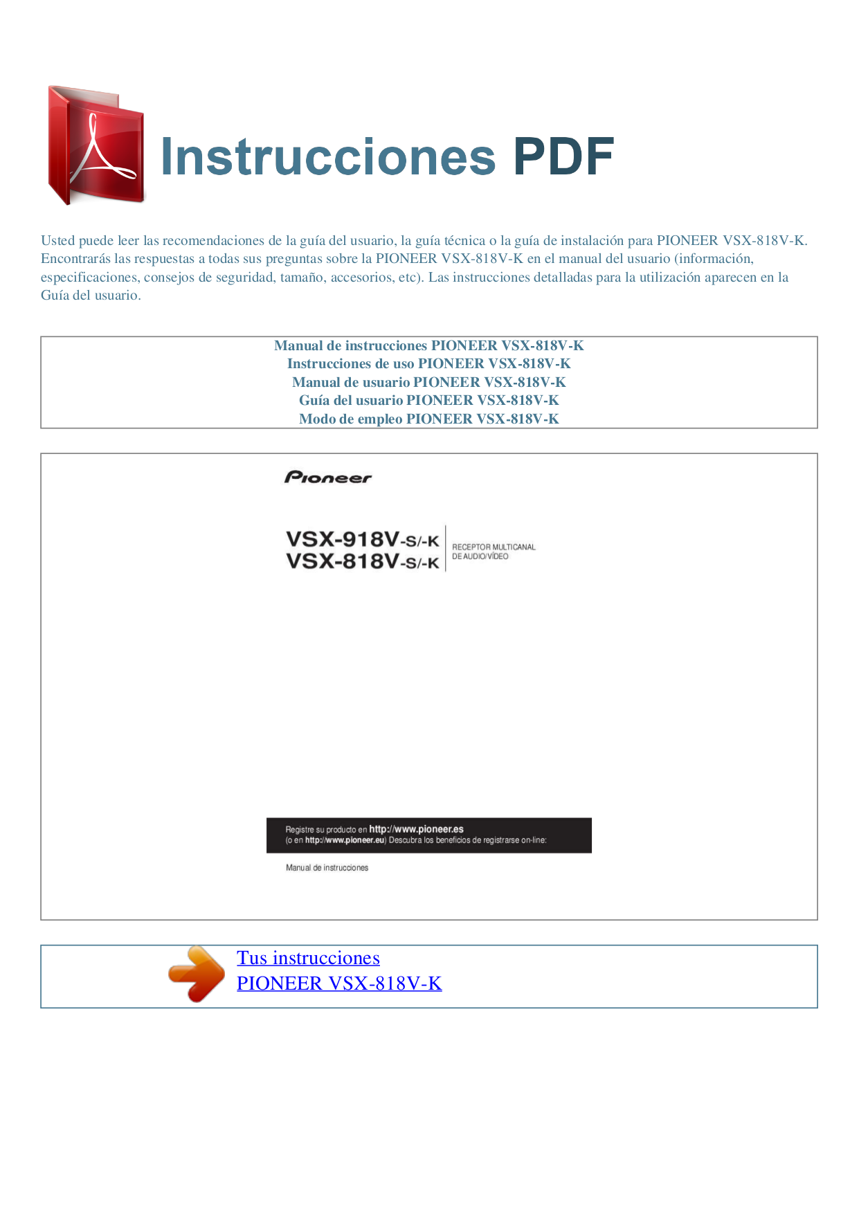 Download free pdf for Pioneer VSX-818V Receiver manual